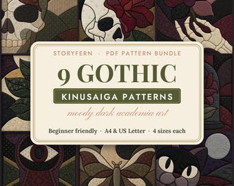9 Gothic Kinusaiga Patterns Bundle, Dark Academia Skull & Moth No-Sew Fabric Art (PDF Download)