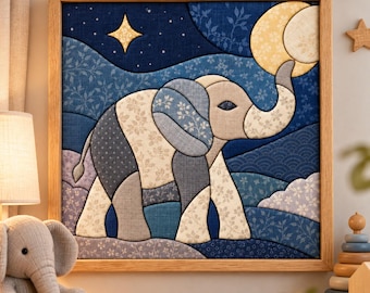 May include: A square fabric wall art piece featuring a quilted elephant in shades of blue, gray, and cream. The elephant is positioned against a dark blue night sky with a yellow crescent moon and a four-pointed star, all framed in light wood.