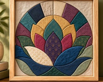 May include: A square framed fabric wall art piece featuring a central lotus flower design composed of quilted fabric segments in shades of teal, mustard yellow, deep purple, cream, and sage green, all set within a light-toned wooden frame.