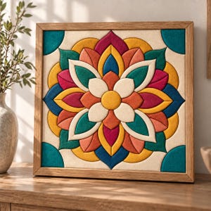 May include: A square wall art piece featuring a fabric mandala design in a light wood frame. The mandala consists of layered, petal-shaped fabric segments in shades of teal, mustard yellow, magenta, coral, and cream, arranged in a symmetrical pattern.
