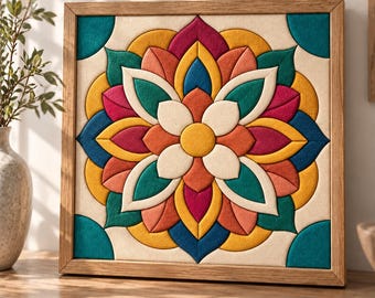 May include: A square wall art piece featuring a fabric mandala design in a light wood frame. The mandala consists of layered, petal-shaped fabric segments in shades of teal, mustard yellow, magenta, coral, and cream, arranged in a symmetrical pattern.