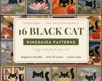 May include: A digital PDF pattern bundle featuring 16 Kinusaiga designs of black cats peeking out from various scenes, including flowers, pumpkins, books, and tea sets. The cover text reads 16 BLACK CAT KINUSAIGA PATTERNS.