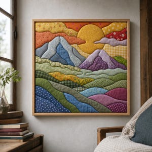 May include: A square fabric wall art piece in a wooden frame, featuring a quilted landscape of mountains and rolling hills. The scene includes a large yellow sun, orange and purple clouds, and various patterned textiles in blue, green, and pink.