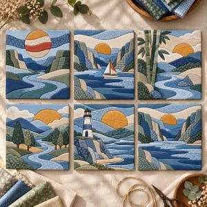 Puede incluir: Un conjunto de seis paneles de pared de tela cuadrados con escenas de paisajes acolchados en tonos azul, verde y beige. Los diseños incluyen un velero, un faro, tallos de bambú y colinas, todos acentuados por un gran sol amarillo.