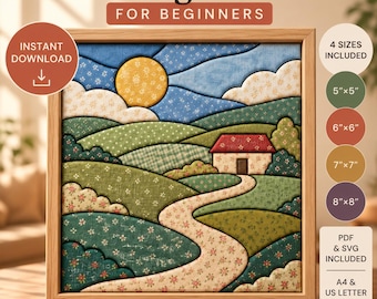 May include: A Kinusaiga pattern for beginners featuring a landscape with a yellow sun, rolling green hills, and a small house with a red roof. The design includes a winding path and floral fabric textures. Includes 4 sizes: 5x5, 6x6, 7x7, and 8x8 inches.