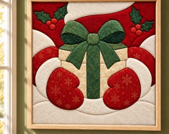 May include: A square quilted wall hanging in a light wood frame featuring a central gift box with a large green bow, flanked by two red mittens with gold snowflake patterns, set against a red and cream background with holly leaves.