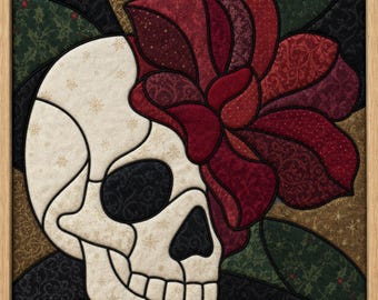 Gothic Christmas Kinusaiga Pattern, Skull with Poinsettia, No-Sew Fabric Art (PDF Template)