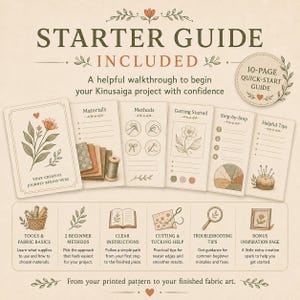May include: A 10-page Kinusaiga starter guide featuring a series of instructional cards with illustrations of fabric, tools, and techniques. The text includes sections on materials, methods, step-by-step instructions, and helpful tips for fabric art.