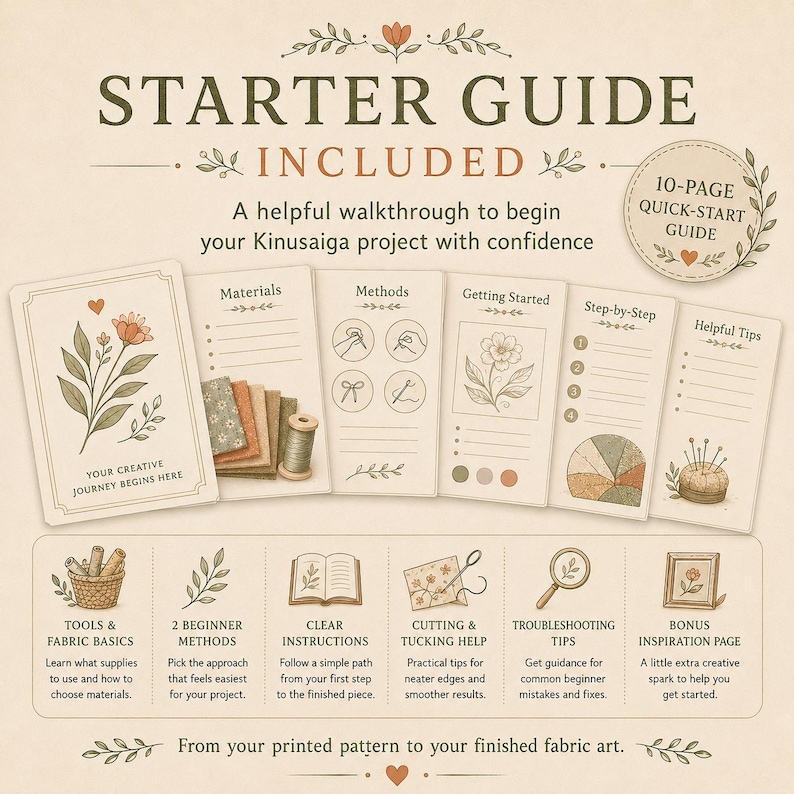 May include: A 10-page Kinusaiga starter guide featuring a series of instructional cards with illustrations of fabric, tools, and techniques. The text includes sections on materials, methods, step-by-step instructions, and helpful tips for fabric art.