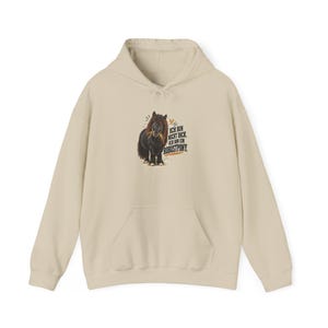 Op de afbeelding: Een beige hoodie met een afbeelding van een donkerbruine pony met lange manen. De tekst naast de pony luidt: Ich bin nicht dick. Ich bin ein Robustpony. De trui is voorzien van een kangoeroezak aan de voorzijde en bijpassende trekkoorden.