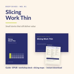Könnte beinhalten: Ein digitales Ressourcenset mit dem Titel Deep Dives No. 01 Slicing Work Thin, bestehend aus einem dunkelblauen Cover mit Rastergrafik, einer passenden Präsentationsfolie und einem detaillierten Informationsdokument mit Tabellen.