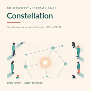 Może przedstawiać: Dokument cyfrowy zatytułowany The Retrospective Format Library Constellation, zawierający grafikę przedstawiającą ludzi otaczających centralny świecący węzeł połączony liniami. Tekst zawiera One retrospective format, print-ready, PDF and EPUB oraz Single format, instant download.
