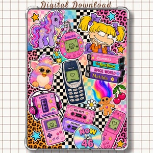 Kindle-inlegvel met Y2K-nostalgie uit de jaren 90, retro collage-decoratie (digitale download)