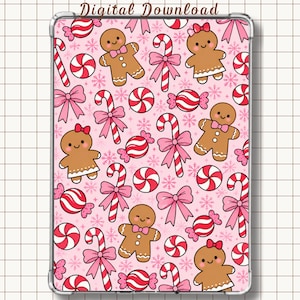 May include: A digital download featuring a repeating pattern on a light pink background with brown gingerbread people, red and white striped candy canes, pink bows, red and white peppermint candies, and small pink snowflakes throughout.
