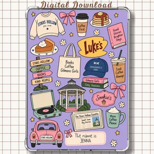 May include: A digital download featuring a purple background with various illustrations including a Stars Hollow sweatshirt, a coffee cup, pancakes, a tote bag, a blue cap, a gazebo, a record player, a pink car, and text like Luke's and Jenna.