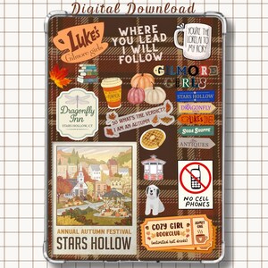 May include: A digital download featuring a collection of Gilmore Girls themed stickers on a brown plaid background. Elements include Luke's Diner, Stars Hollow, Dragonfly Inn, pumpkins, coffee, a waffle, a gazebo, a dog, and autumn leaves.