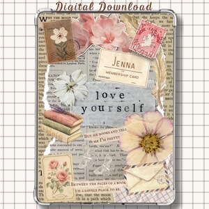 May include: A digital download featuring a collage of vintage newspaper clippings, pressed flowers, a stack of books, a membership card labelled Jenna, a red postage stamp, and an envelope. The text love yourself is centred in the middle of the design.