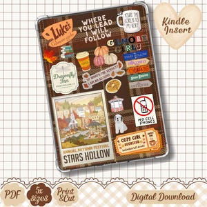 May include: A rectangular Kindle insert featuring a brown plaid background decorated with various stickers including text that reads Luke's Gilmore Girls, Where You Lead I Will Follow, Dragonfly Inn, Stars Hollow, and No Cell Phones with a dog illustration.