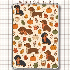 Peut inclure: Un téléchargement numérique présentant un motif répétitif de teckels bruns et noirs portant des écharpes à carreaux, parsemé de citrouilles orange et vertes, de feuilles d'automne et de tasses de café sur un fond crème avec le texte Digital Download.