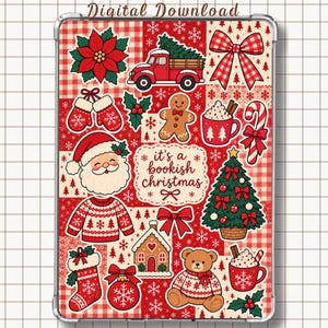 May include: A digital download featuring a patchwork background of red and white patterns with Christmas icons including Santa Claus, a gingerbread man, a teddy bear, a decorated tree, a red truck, and the text it's a bookish christmas.