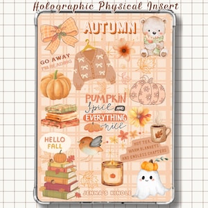 May include: A rectangular holographic physical insert featuring a grid background with autumn-themed illustrations including a bear, pumpkin, books, a cardigan, a ghost, and text reading Autumn, Pumpkin Spice and Everything Nice, and Jenna's Kindle.