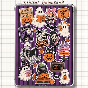 May include: A digital download featuring a collection of Halloween-themed stickers on a purple and black striped background. The stickers include ghosts, pumpkins, a skeleton reading a book, a black cat, and text reading Just a girl who loves Spooky Season.