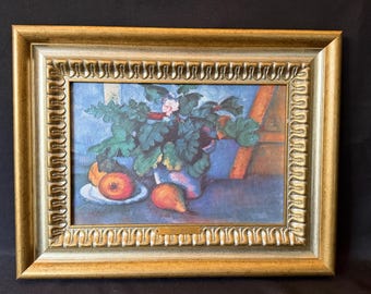 Vintage Paul Cezanne Fleurs et Poires Framed Art, Mid Century Pot of Primroses and Fruit Still Life, Ornate Gold Wood Frame Brass Plaque