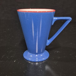 Vintage Pier 1 Angleterre Blue Conical Mug, 1980s Art Deco Style, Red Trim Handle