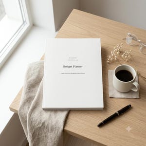 Pode incluir: Um planejador de orçamento branco com texto preto que diz Budget Planner, By Lunaire, Collection 008 e A quiet structure for thoughtful financial choices. O planejador é acompanhado por uma caneta preta, uma xícara de café branca e óculos.