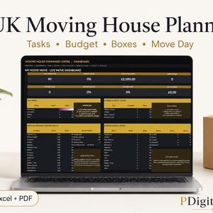 May include: A laptop screen displaying a UK Moving House Planner dashboard with dark backgrounds and gold accents. The interface includes sections for tasks, budget, boxes, and move day, with text labels like My House Move and Live Move Dashboard.