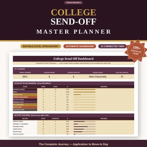 May include: A digital college send-off master planner spreadsheet featuring a dashboard with progress bars, task lists, and section trackers. The interface includes text labels like College Send-Off, 199+ Checklist Items, and 13 Connected Tabs.