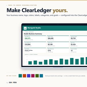 Könnte beinhalten: Eine digitale Dashboard-Oberfläche mit dem Titel Studio Business Summary für Marigold Studio, die Finanzdaten, Diagramme und Kennzahlen anzeigt. Der Bildschirm enthält den Text Make ClearLedger yours sowie eine Farbpalette aus Petrol, Orange, Lila, Magenta, Oliv und Blau.