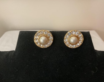 Pearl and Rhinestone Clip On Earrings