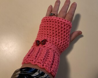 Crochet fingerless gloves, coral rose, butterfly