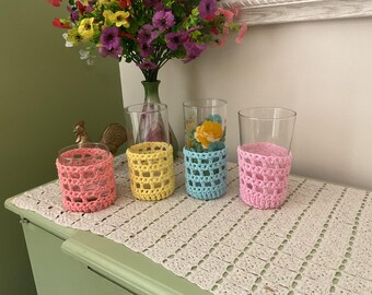 Yellow, blue, coral, pink Glass Cozies Set of 4.