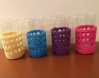 Yellow, blue, purple, pink Glass Cozies Set of 4