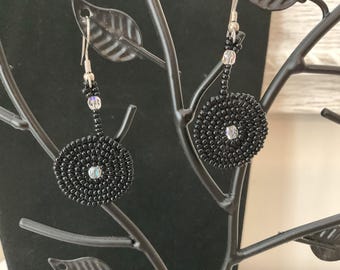 Black Round Seed Bead Pierced Earrings