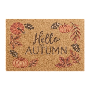 Può includere: Uno zerbino rettangolare in fibra di cocco color cuoio con la scritta Hello AUTUMN in corsivo e stampatello marrone scuro. Il design è decorato con illustrazioni di zucche arancioni e foglie autunnali marroni negli angoli del tappeto.