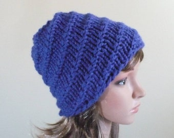 Cobalt Blue Beehive Hat: Hand Knit Winter Hat, Chunky Knit Fashion Hat, Blue Swirl Beanie, Woman's or Girl's Size S/M, Ready to Ship