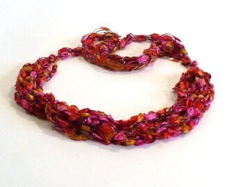 Orange, Pink & Gold Ladder Yarn Necklace: Crocheted Ribbon Necklace, Adjustable Fiber Necklace, Gifts for Women, Ready to Ship