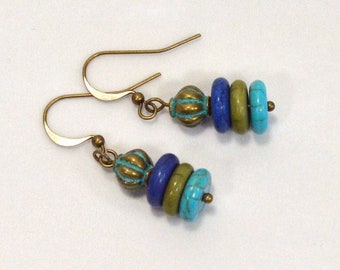 Boho Earrings: Tri-Color Dangle Earrings in Blue, Olive & Turquoise Howlite, Nickle-Free Ear Wires, Handmade in the USA, Ready to Ship