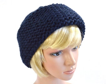 Navy Blue Russian Style Hat: Hand Knit Winter Hat, Warm Wool Blend Man's or Woman's Hat, Winter Toque, Adult Size S/M, Ready to Ship