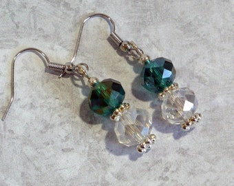 Green & White Dangle Earrings: Sparkling Drop Earrings on Nickle-Free Earwires, School Colors Earrings, Handmade in the USA, Ready to Ship