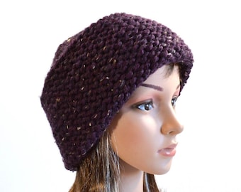 Hand Knit Winter Hat in RIch Raisin-Colored Tweed: Russian Style Hat, Man's or Woman's Wool Ski Cap, Adult Size M, Handmade, Ready to Ship