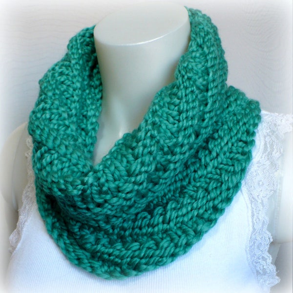 Emerald Green Hand Knit Cowl: Chunky Knit Neck Warmer, Infinity Scarf, Soft Wool Blend Winter Gaiter, Handmade in the USA, Ready to Ship