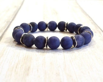 Indigo Blue Bracelet: Agate Gemstone Bracelet, Handmade Woman's Stretch Bracelet, Jewelry Made to Order, Custom Made to Fit