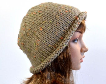 Tweed Rolled Brim Hat: Hand Knit Beanie in Taupe Tweed Mix, Seamless Knit Hat, Size S/M, Handmade in the USA, Ready to Ship