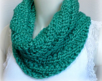 Emerald Green Hand Knit Cowl: Chunky Knit Neck Warmer, Infinity Scarf, Soft Wool Blend Winter Gaiter, Handmade in the USA, Ready to Ship