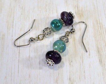 Amethyst & Seafoam Earrings: Edwardian Style Gemstone Earrings, Woman's Dangle Earrings on Nickle-Free Ear Wires, Handmade, Ready to Ship