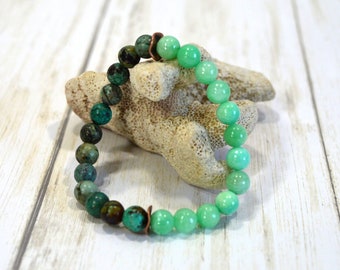 African Turquoise & Mint Bracelet: Woman's or Man's Gemstone Bracelet, Handmade Stretch Bracelet, Artisan Jewelry, Made to Order in the USA